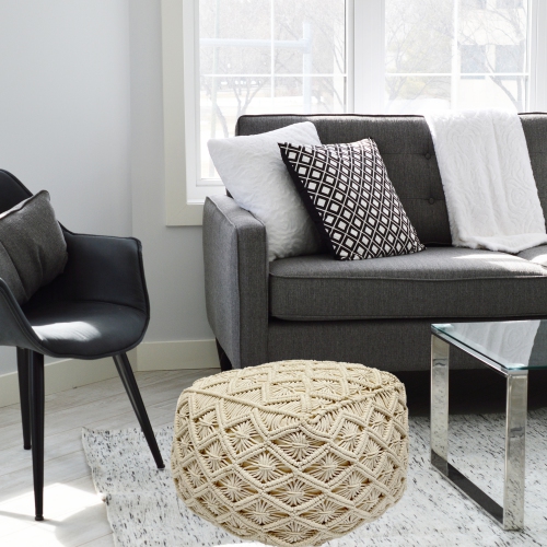 18" Beige Handmade Macrame Natural Cotton Square Pouf Ottoman