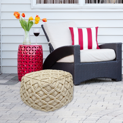 18" Beige Handmade Macrame Natural Cotton Square Pouf Ottoman
