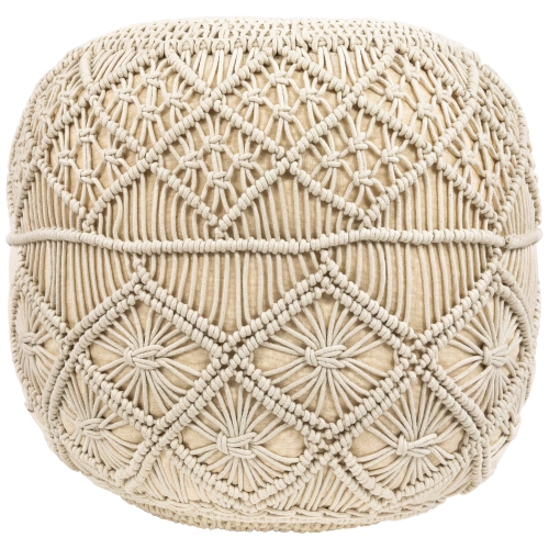 NORTHLIGHT  18" Solid Cream Macrame Round Handmade Natural Cotton Pouf Ottoman