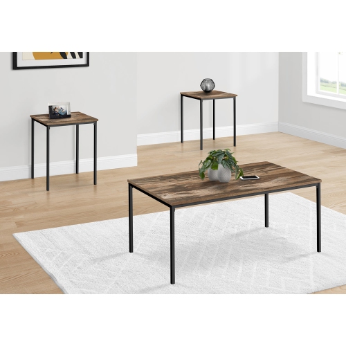 MONARCH SPECIALTIES  I 7893P - Table Set, 3PCs Set, Coffee, End, Black Metal Reclaimed Laminate, Contemporary, Modern In Brown