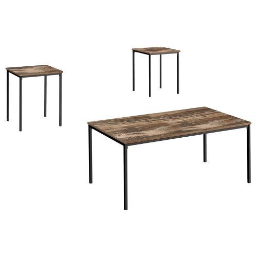 Monarch Specialties I 7893P - Table Set, 3pcs Set, Coffee, End, Black Metal, Brown Reclaimed Laminate, Contemporary, Modern