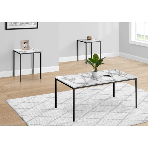 Monarch Specialties I 7892P - Table Set, 3pcs Set, Coffee, End, Black Metal, White Marble Look Laminate, Contemporary, Modern