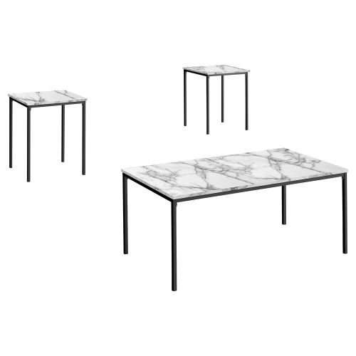 Monarch Specialties I 7892P - Table Set, 3pcs Set, Coffee, End, Black Metal, White Marble Look Laminate, Contemporary, Modern