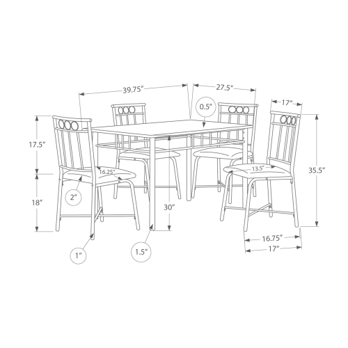 Monarch Specialties I 1014 - Dining Set, 5pcs Set, 40" Rectangular, Kitchen, Small, White Metal And Laminate, Grey Fabric, Contemporary, Modern