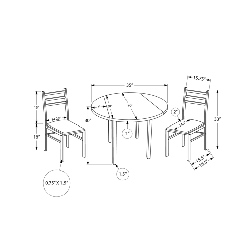Monarch Specialties I 1011 - Dining Table Set, 3pcs Set, Small, 35" Drop Leaf, Kitchen, White Metal And Laminate, Grey Fabric, Contemporary, Modern