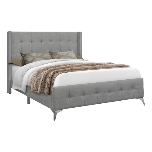 Monarch Specialties I 6040Q - Bed, Queen Size, Bedroom, Frame, Upholstered, Grey Linen Look, Chrome Metal Legs, Transitional