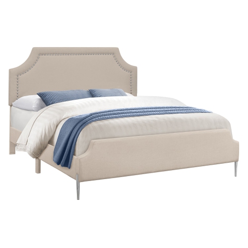 Monarch Specialties I 6036Q - Bed, Queen Size, Bedroom, Frame, Upholstered, Beige Linen Look, Chrome Metal Legs, Transitional