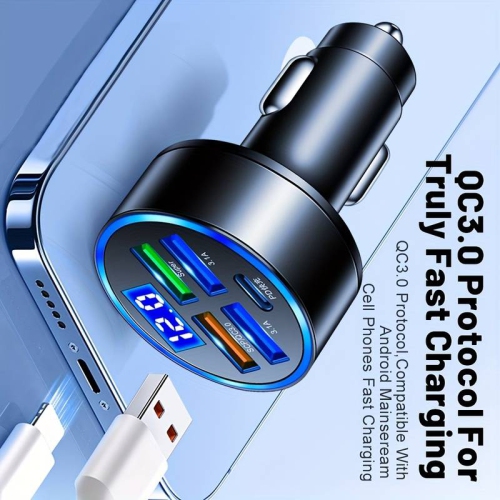 150W Car Charger - 5-Ports Quick Car Charger Adapter with QC3.0 Type C Fast Charging - 4-Port (QC3.0+3USB) Car Charger for iPhone/Android