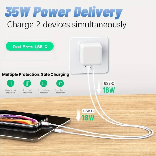 35W Dual Port USB-C Fast Charger block - PD 3.0 35W Foldable Power Adapter for Fast Charging - Cell Phone Wall Charger