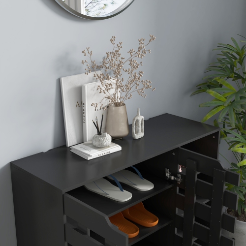HOMCOM Modern Shoe Cabinet with Hollowed-Out Doors and 5-tier Open Shelves, 21 Pair Shoe Storage Cabinet for Entryway, Hallway, Living Room, Black