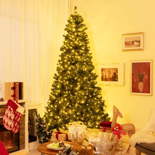 GYMAX  6/7/8 Ft Pre-Lit Artificial Christmas Tree Hinged Xmas Tree W/ Branch Tips & Led Lights
