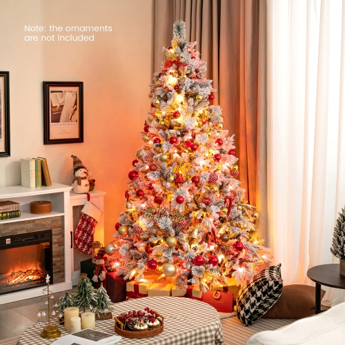 Gymax 4.5/6/7 FT Pre-Lit Artificial Christmas Tree Snow-Flocked Hinged Xmas Tree w/ 160/240/320 LED Lights & 472/850/1270 Branch Tips