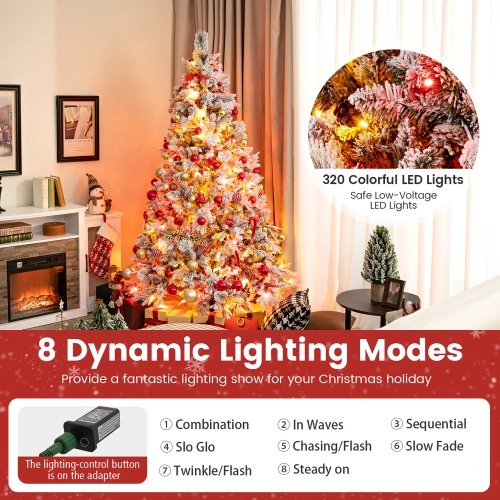 Gymax 4.5/6/7 FT Pre-Lit Artificial Christmas Tree Snow-Flocked Hinged Xmas Tree w/ 160/240/320 LED Lights & 472/850/1270 Branch Tips