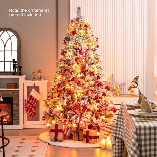 Gymax 4.5/6/7 FT Pre-Lit Artificial Christmas Tree Snow-Flocked Hinged Xmas Tree w/ 160/240/320 LED Lights & 472/850/1270 Branch Tips