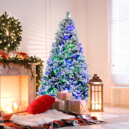 Gymax 4.5/6/7 FT Pre-Lit Artificial Christmas Tree Snow-Flocked Hinged Xmas Tree w/ 160/240/320 LED Lights & 472/850/1270 Branch Tips