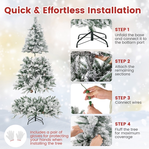 Gymax 4.5/6/7 FT Pre-Lit Artificial Christmas Tree Snow-Flocked Hinged Xmas Tree w/ 160/240/320 LED Lights & 472/850/1270 Branch Tips