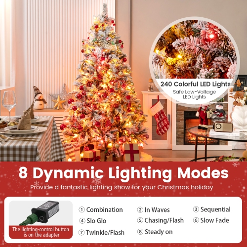 Gymax 4.5/6/7 FT Pre-Lit Artificial Christmas Tree Snow-Flocked Hinged Xmas Tree w/ 160/240/320 LED Lights & 472/850/1270 Branch Tips