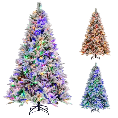 Gymax 4.5/6/7 FT Pre-Lit Artificial Christmas Tree Snow-Flocked Hinged Xmas Tree w/ 160/240/320 LED Lights & 472/850/1270 Branch Tips