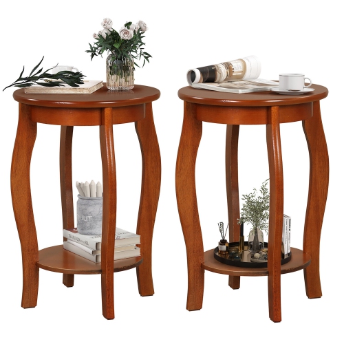 GYMAX  2-Tier Round End Table Set Of 2 Narrow Sofa Side Nightstand W/ Storage Shelf