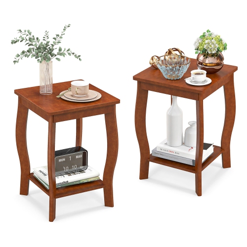 GYMAX  2-Tier Square End Table Set Of 2 Narrow Sofa Side Nightstand W/ Storage Shelf