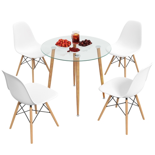 GYMAX  5 PCs Dining Table Set Tempered Glass Table 4 Chairs W/ Beech Wood Leg Kitchen