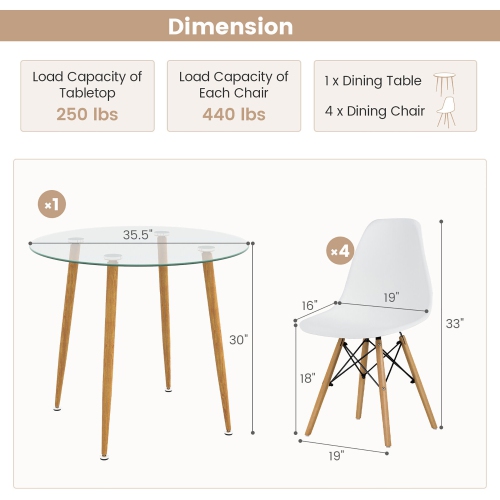 Gymax 5 PCS Dining Table Set Tempered Glass Table 4 Chairs w/ Beech Wood Leg Kitchen