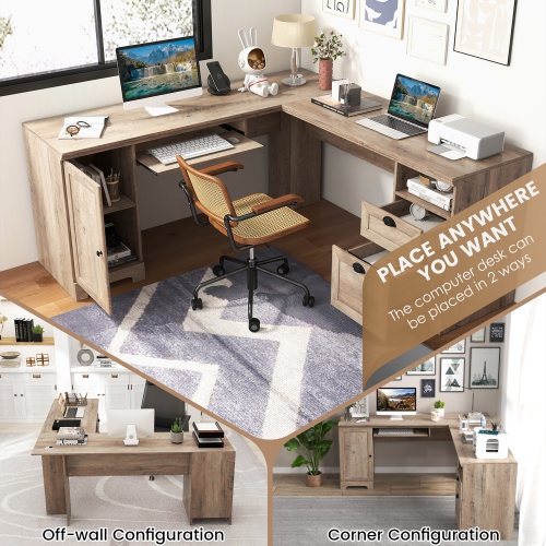 Gymax 66 Inch L-Shaped Computer Desk Spacious Corner Desk w/ Drawers & Cabinet