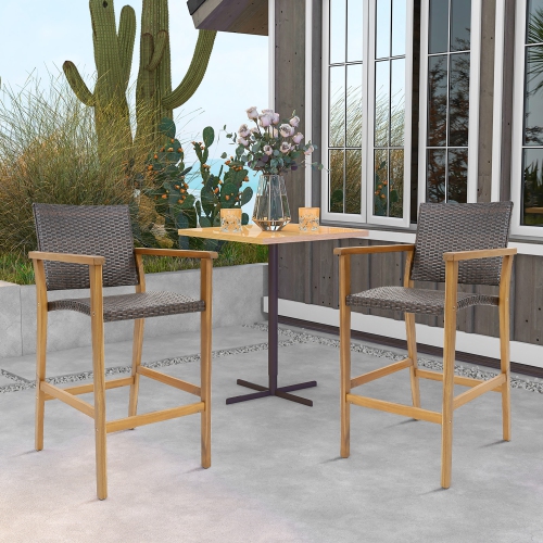 Gymax Patio Rattan Bar Stool Set of 4 Outdoor PE Wicker Bar Chairs w/ Armrests & Sturdy Footrests