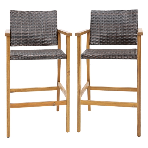 GYMAX  Patio Rattan Bar Stool Set Of 2 Outdoor Pe Wicker Bar Chairs W/ Armrests & Sturdy Footrests