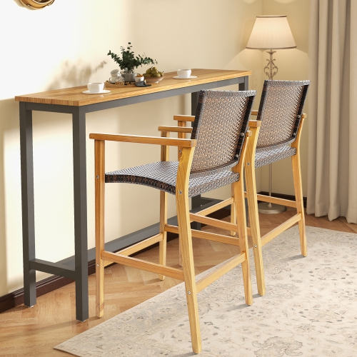 Gymax Patio Rattan Bar Stool Set of 2 Outdoor PE Wicker Bar Chairs w/ Armrests & Sturdy Footrests