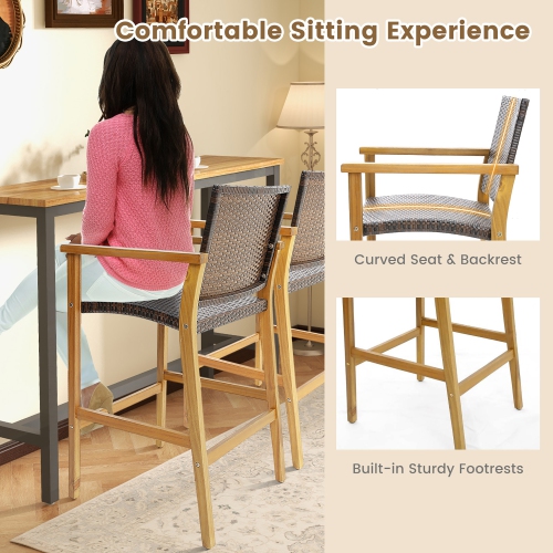Gymax Patio Rattan Bar Stool Set of 2 Outdoor PE Wicker Bar Chairs w/ Armrests & Sturdy Footrests