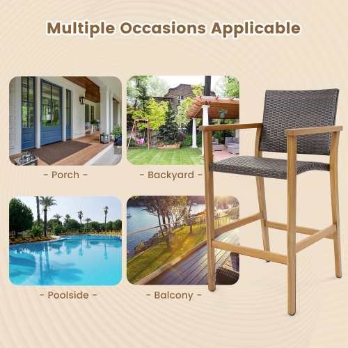 Gymax Patio Rattan Bar Stool Set of 2 Outdoor PE Wicker Bar Chairs w/ Armrests & Sturdy Footrests