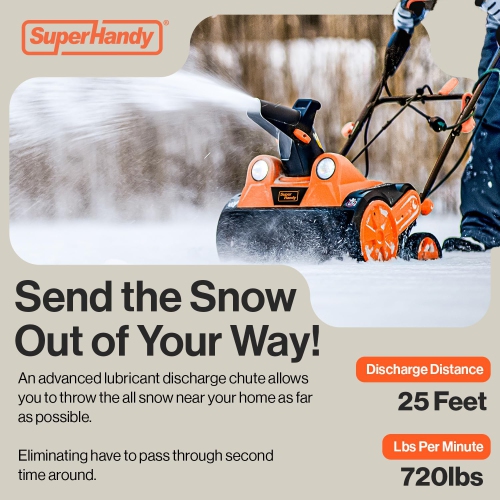 SuperHandy Walk-Behind Electric Snow Thrower: Corded AC 120V-15A, 45.7cm x 25.4cm Clearing, 7.6m Throw Distance, 326kg/min Capacity, LED Headlights