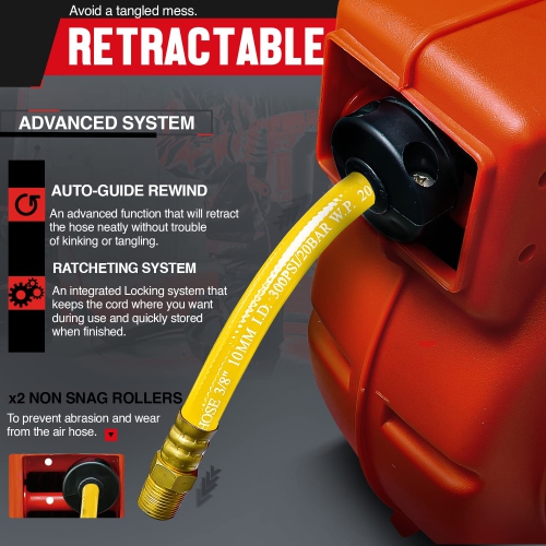 ReelWorks Retractable Hose Reel: 9.5mm x 15m Premium Flex Hybrid Polymer, Max 300 PSI, Heavy-Duty Polypropylene, Industrial Spring-Driven for Air &
