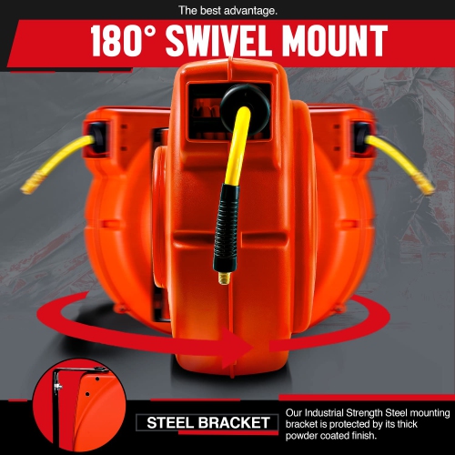 ReelWorks Retractable Hose Reel: 9.5mm x 15m Premium Flex Hybrid Polymer, Max 300 PSI, Heavy-Duty Polypropylene, Industrial Spring-Driven for Air &