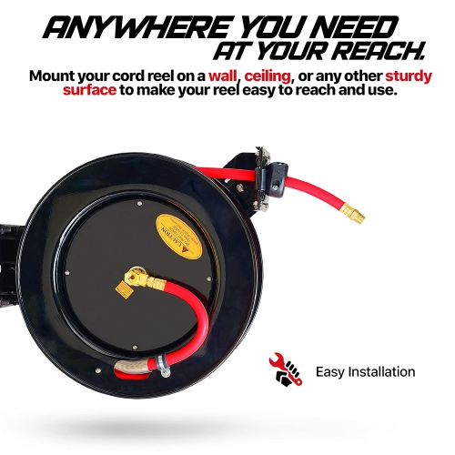 ReelWorks Retractable Air Hose Reel: 9.5mm x 15m Hybrid Polymer Hose, Max 300 PSI, Compressor Water, Plastic Spring-Driven with Swivel Bracket