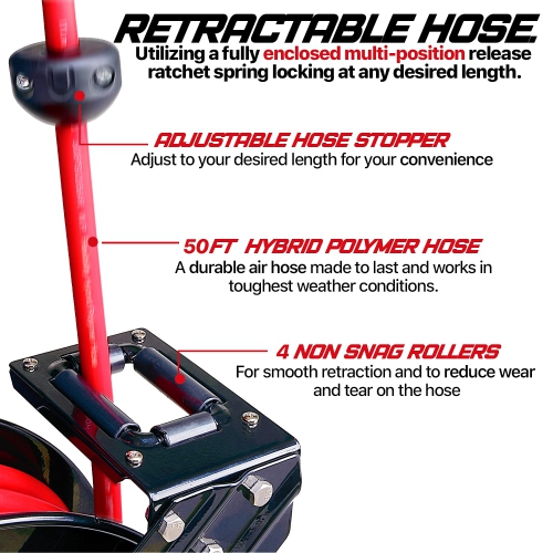 ReelWorks Retractable Air Hose Reel: 9.5mm x 15m Hybrid Polymer Hose, Max 300 PSI, Compressor Water, Plastic Spring-Driven with Swivel Bracket