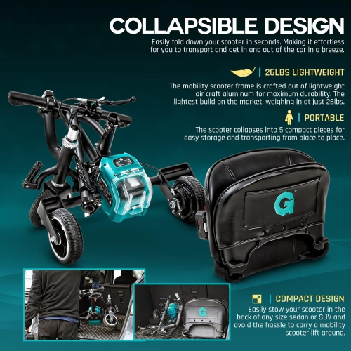 Trottinette électrique à 3 roues G : Ultra-compact, léger, longue portée avec batterie 48 V amovible, charge maximale 125 kg