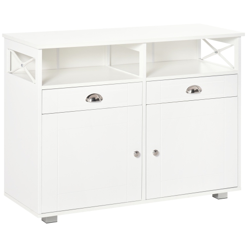 HOMCOM  Sideboard Buffet Cabinet, Coffee Bar Cabinet, Kitchen Cabinet With Storage Drawers, Large Tabletop And Crossbar Side Design In White