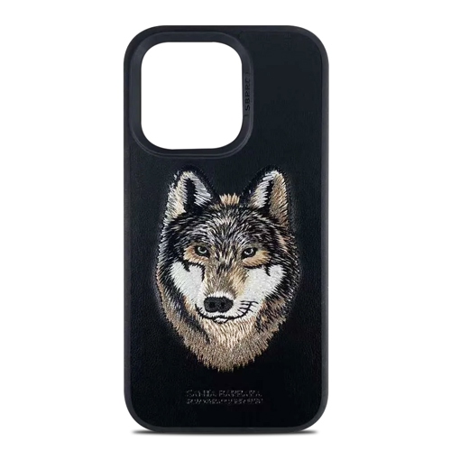 Santa Barbara Savanna Series 3D Embroidered Wolf Leather Case for iPhone 14 Pro