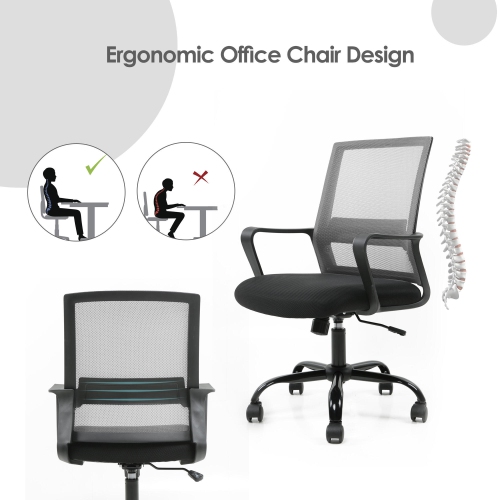 Height Adjustable Office Chair, Ergonomic Mid-Back Task Chair Computer Desk Chair Hold up to 250lbs, Grey