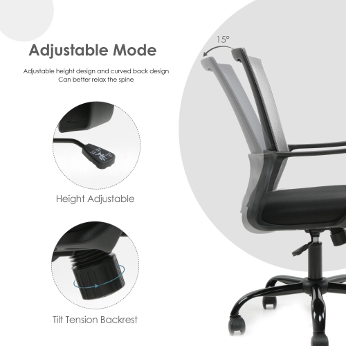 Height Adjustable Office Chair, Ergonomic Mid-Back Task Chair Computer Desk Chair Hold up to 250lbs, Grey