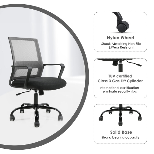 Height Adjustable Office Chair, Ergonomic Mid-Back Task Chair Computer Desk Chair Hold up to 250lbs, Grey