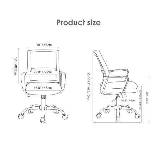 Height Adjustable Office Chair, Ergonomic Mid-Back Task Chair Computer Desk Chair Hold up to 250lbs, Grey