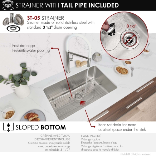Stylish Dual-Mount 27" Stainless Steel Single Bowl Kitchen Sink with grid and strainer S-406TG