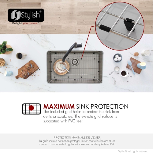 Stylish Dual-Mount 27" Stainless Steel Single Bowl Kitchen Sink with grid and strainer S-406TG