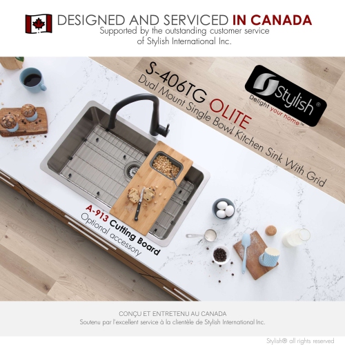 Stylish Dual-Mount 27" Stainless Steel Single Bowl Kitchen Sink with grid and strainer S-406TG