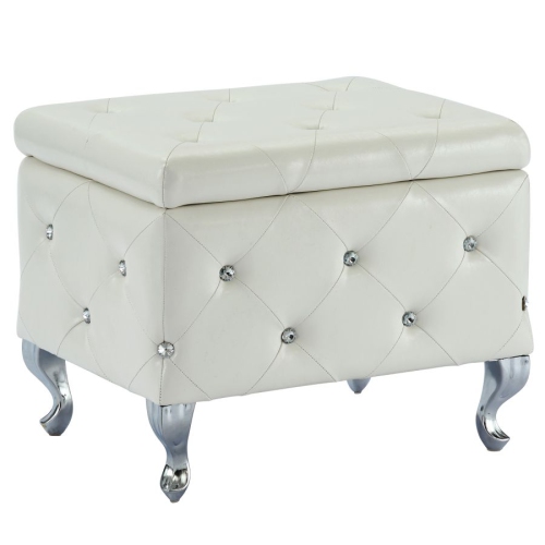 Cosmic Homes Square Storage Ottoman in White and Chrome, Bedroom Bench with Storage, Diamond-patterned
