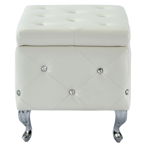 Cosmic Homes Square Storage Ottoman in White and Chrome, Bedroom Bench with Storage, Diamond-patterned
