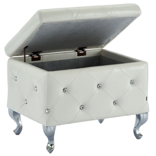 Cosmic Homes Square Storage Ottoman in White and Chrome, Bedroom Bench with Storage, Diamond-patterned